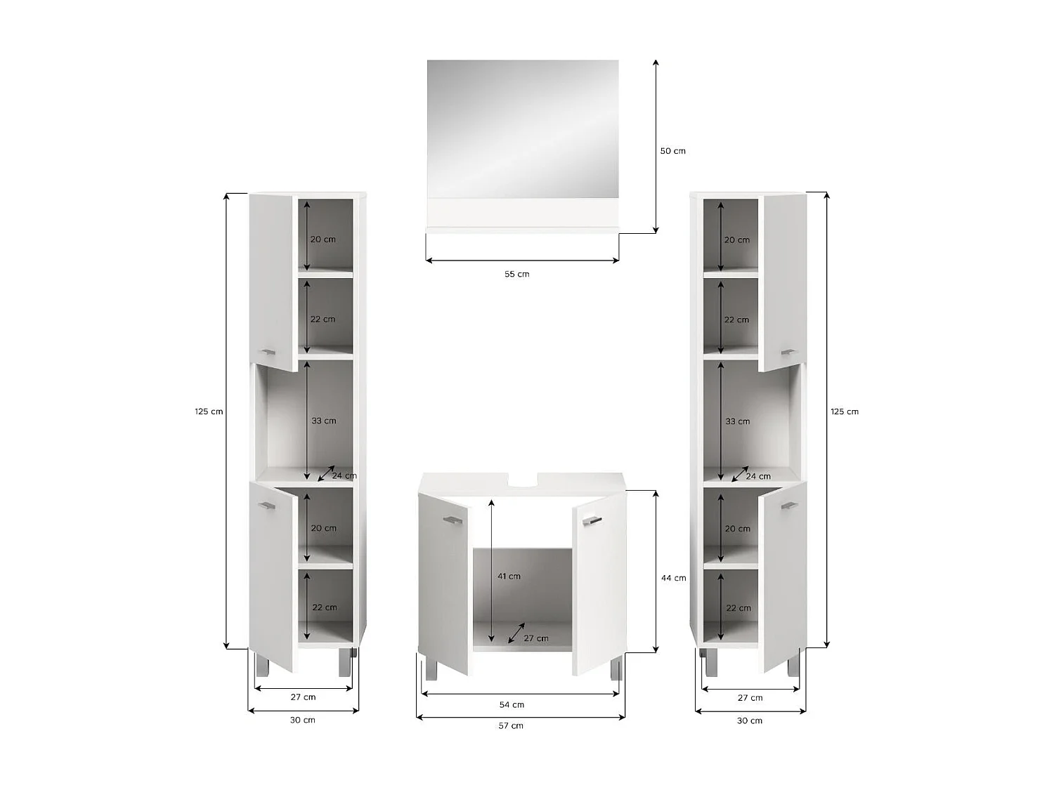 Boston - Ensemble de 4 meubles de salle de bains (L/H/P : 137x186x33 cm) en mélaminé  blanc, vasque non incluse