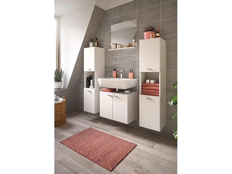 Boston - Ensemble de 4 meubles de salle de bains (L/H/P : 137x186x33 cm) en mélaminé  blanc, vasque non incluse