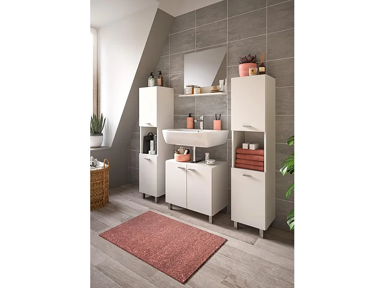 Boston - Ensemble de 4 meubles de salle de bains (L/H/P : 137x186x33 cm) en mélaminé  blanc, vasque non incluse