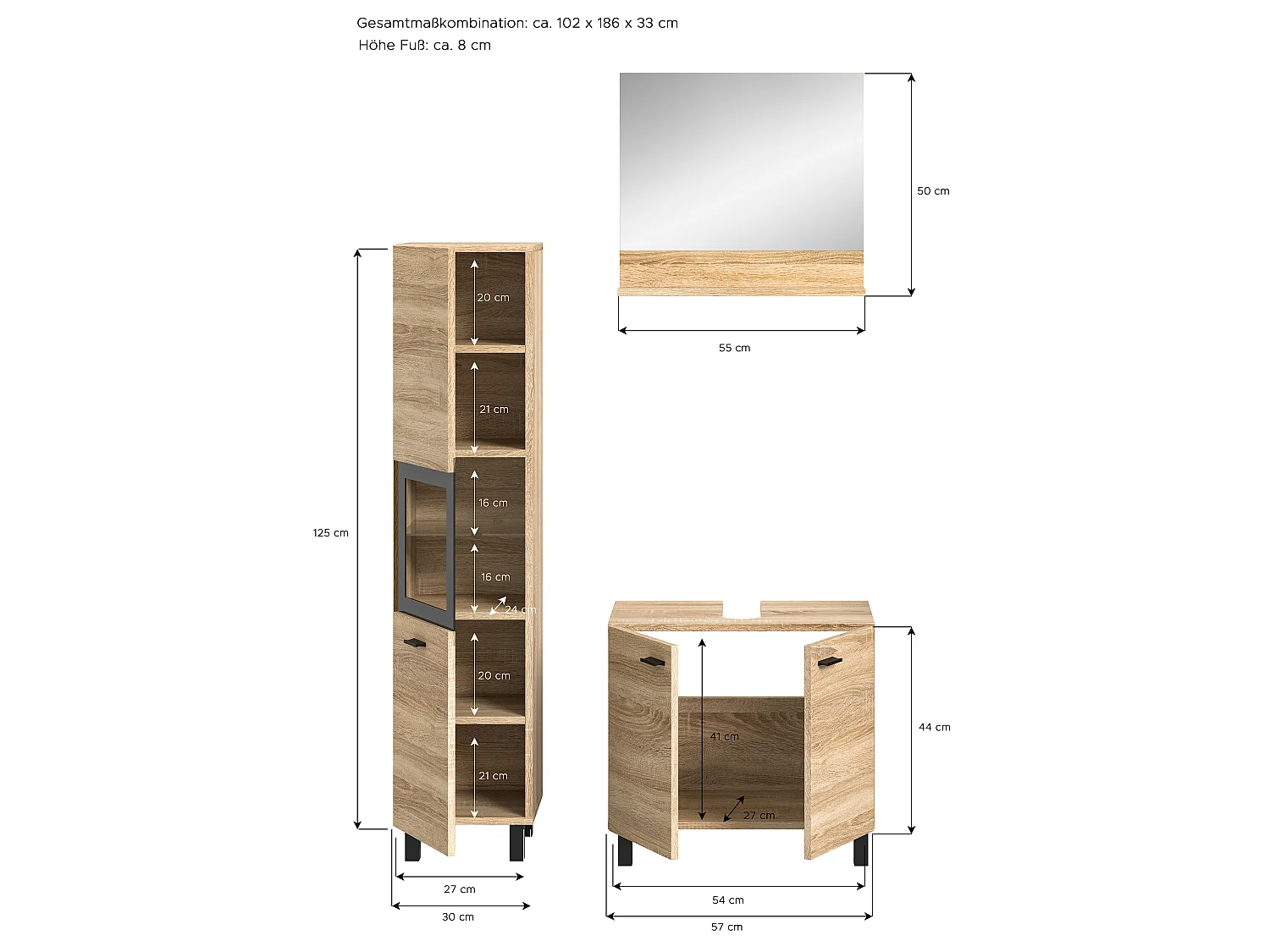 Boston - Ensemble de 3 meubles de salle de bains (L/H/P : 102x186x33 cm) en mélaminé chêne, vasque non incluse