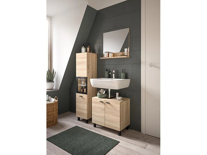 Boston - Ensemble de 3 meubles de salle de bains (L/H/P : 102x186x33 cm) en mélaminé chêne, vasque non incluse