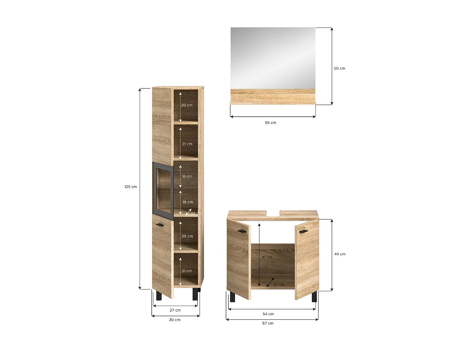 Boston - Ensemble de 3 meubles de salle de bains (L/H/P : 102x186x33 cm) en mélaminé chêne, vasque non incluse