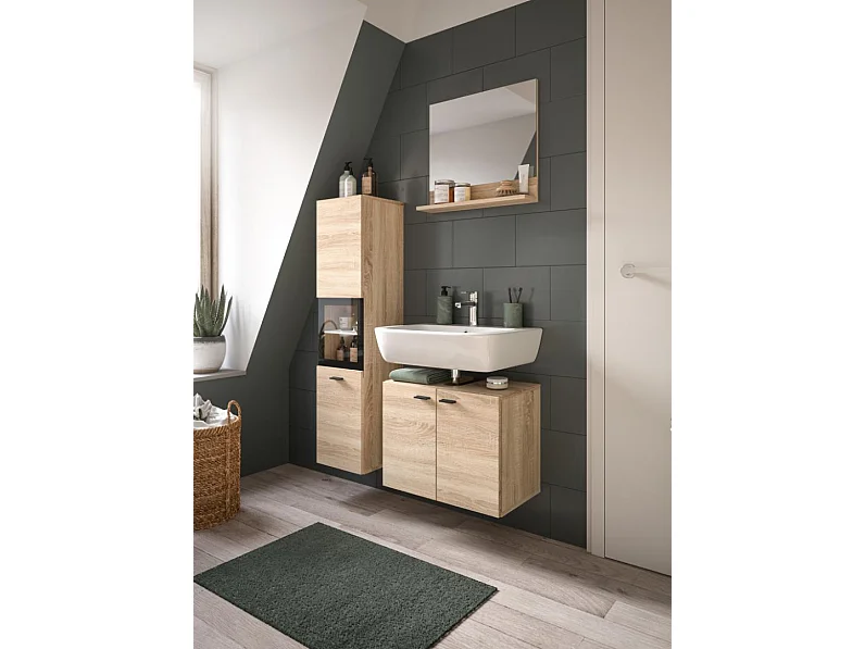 Boston - Ensemble de 3 meubles de salle de bains (L/H/P : 102x186x33 cm) en mélaminé chêne, vasque non incluse