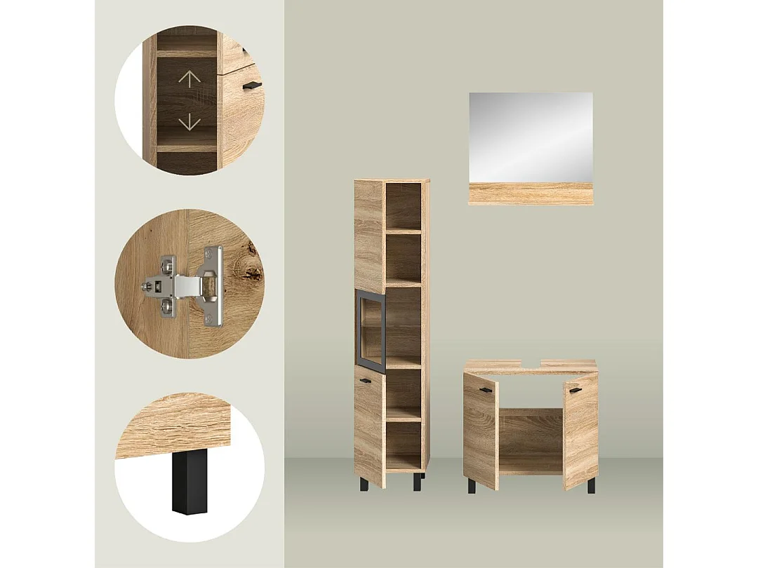 Boston - Ensemble de 3 meubles de salle de bains (L/H/P : 102x186x33 cm) en mélaminé chêne, vasque non incluse