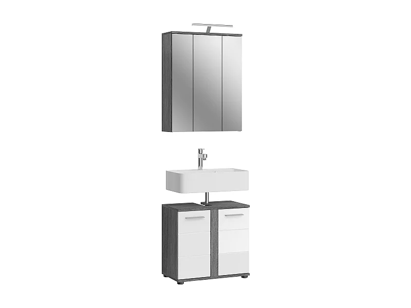 Kaleb - Ensemble de 2 meubles de salle de bains en mélaminé blanc et argenté avec éclairage, vasque non incluse (L/H/P : 64x191x34 cm)