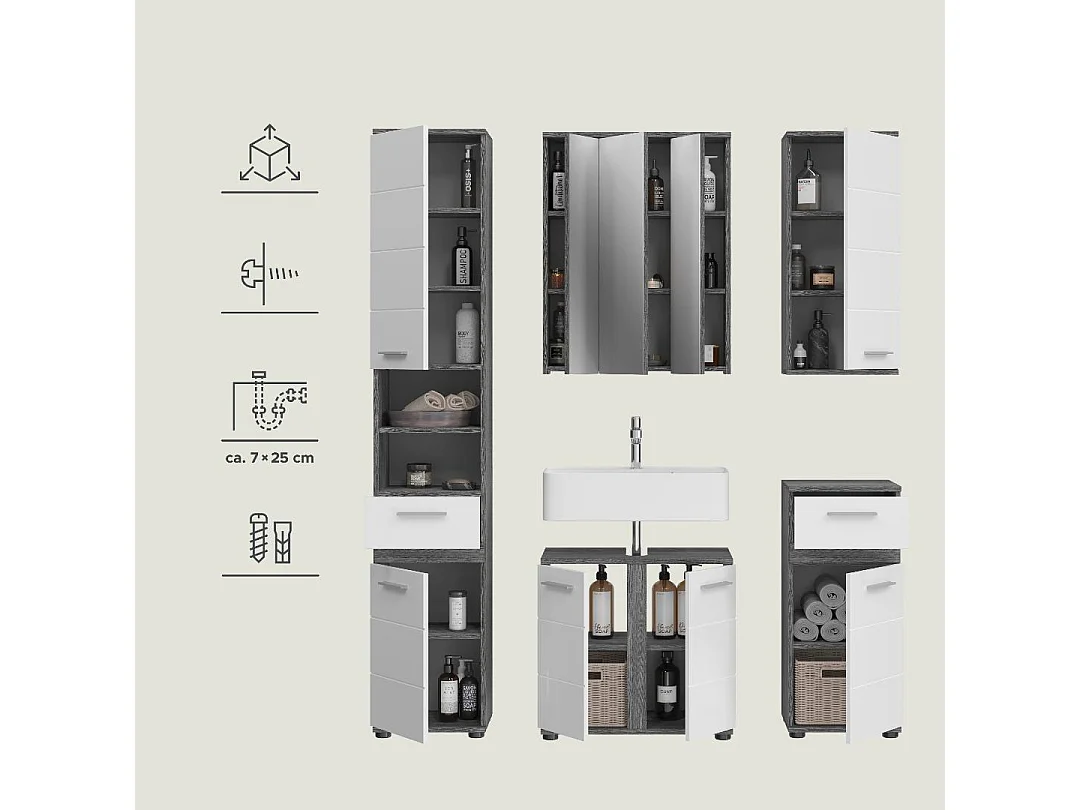 Blake Badmöbelset B7 Weiß hochglanz, grau.