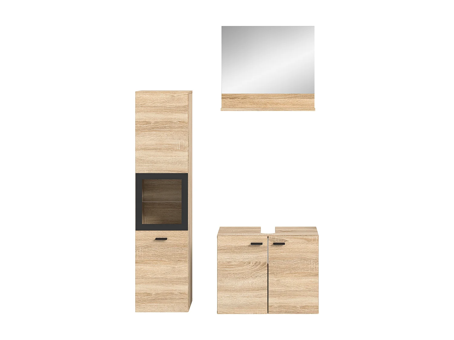 Tambo - Ensemble de 3 meubles de salle de bains (L/H/P : 102x186x33 cm) en mélaminé chêne, vasque non incluse