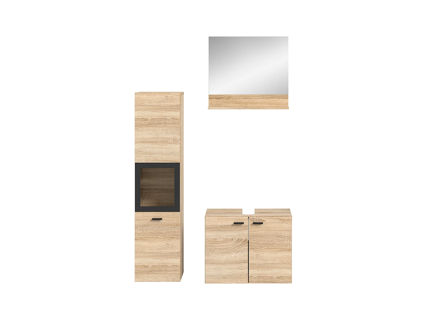 Tambo - Ensemble de 3 meubles de salle de bains (L/H/P : 102x186x33 cm) en mélaminé chêne, vasque non incluse