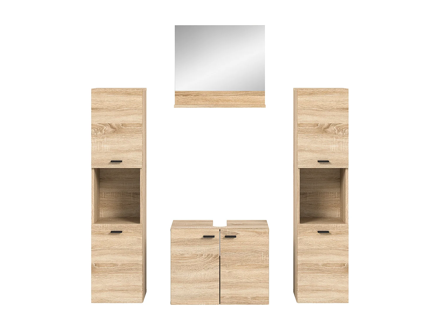 Boston - Ensemble de 4 meubles de salle de bains (L/H/P : 137x186x33 cm) en mélaminé chêne, vasque non incluse