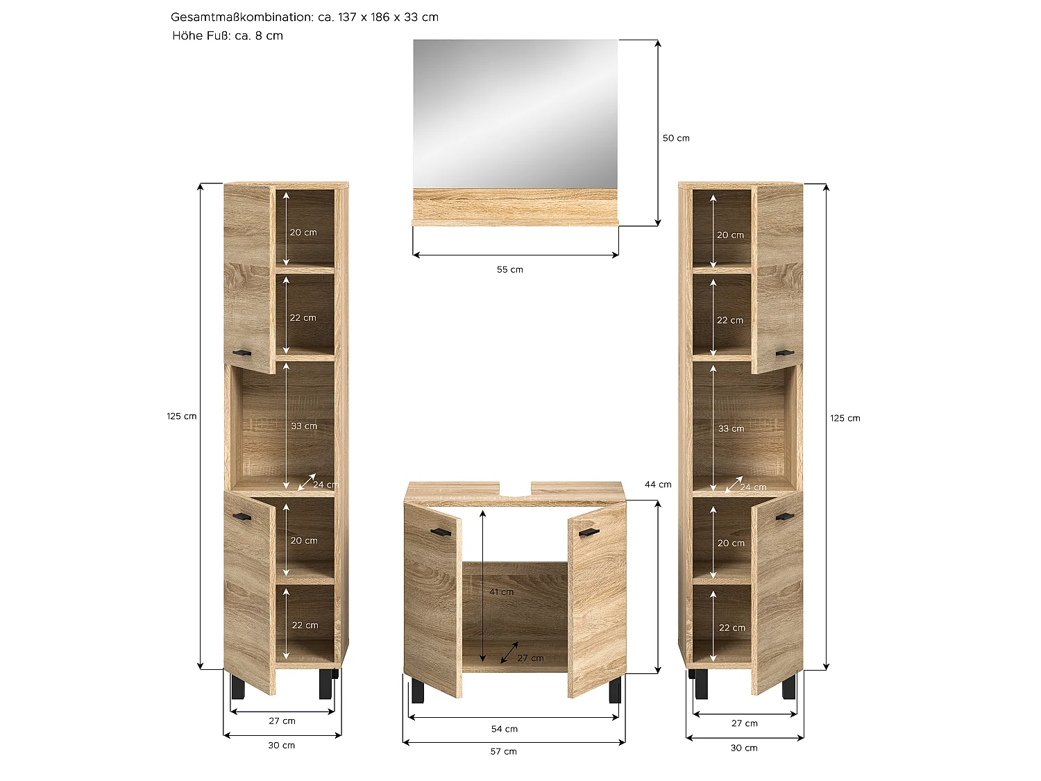 Boston - Ensemble de 4 meubles de salle de bains (L/H/P : 137x186x33 cm) en mélaminé chêne, vasque non incluse