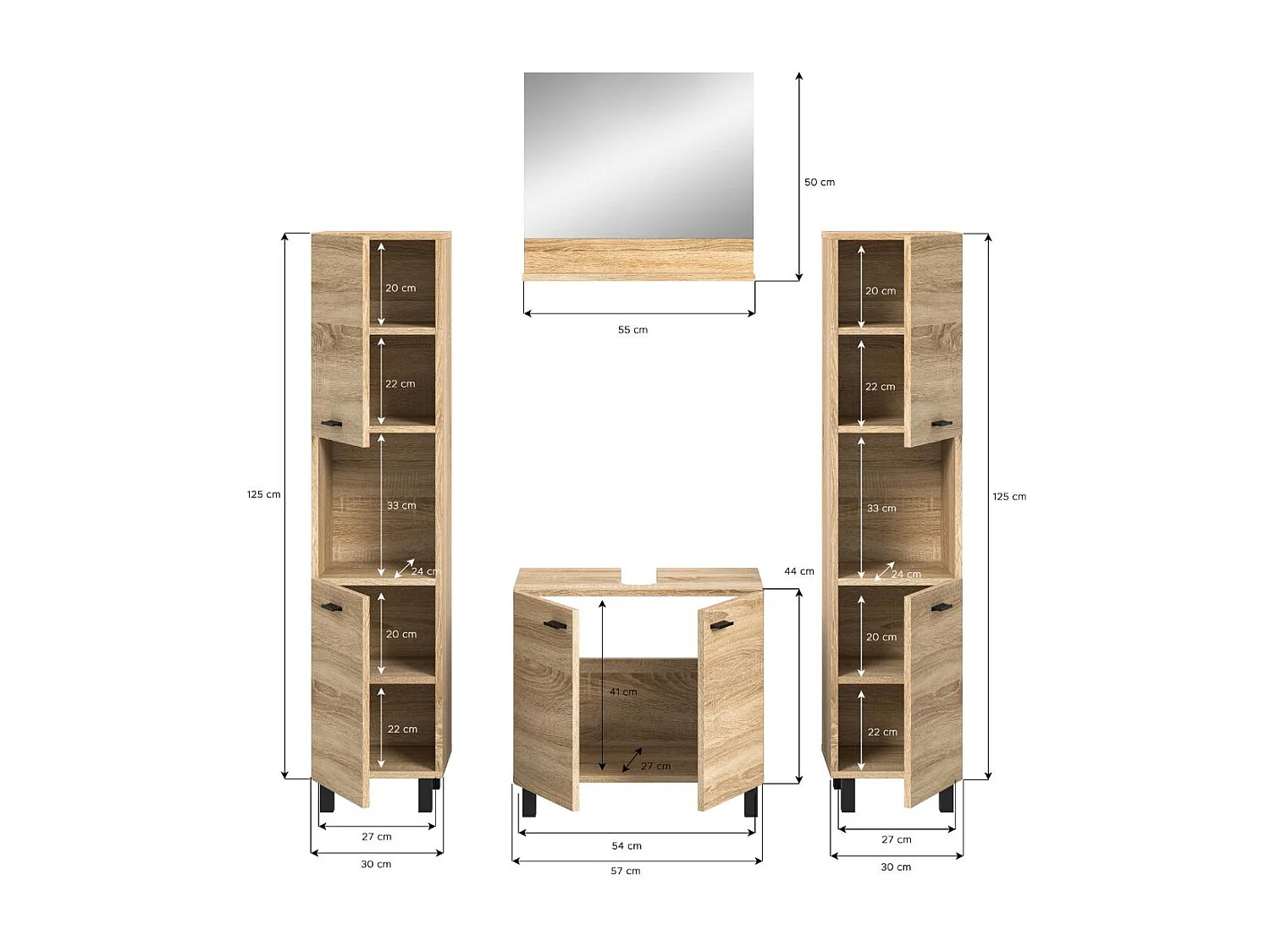 Boston - Ensemble de 4 meubles de salle de bains (L/H/P : 137x186x33 cm) en mélaminé chêne, vasque non incluse