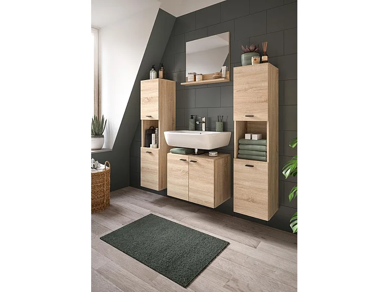 Boston - Ensemble de 4 meubles de salle de bains (L/H/P : 137x186x33 cm) en mélaminé chêne, vasque non incluse