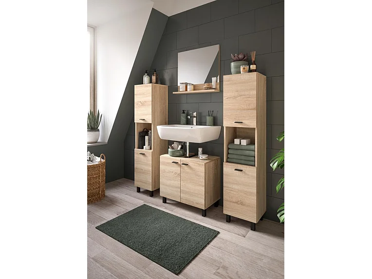 Boston - Ensemble de 4 meubles de salle de bains (L/H/P : 137x186x33 cm) en mélaminé chêne, vasque non incluse