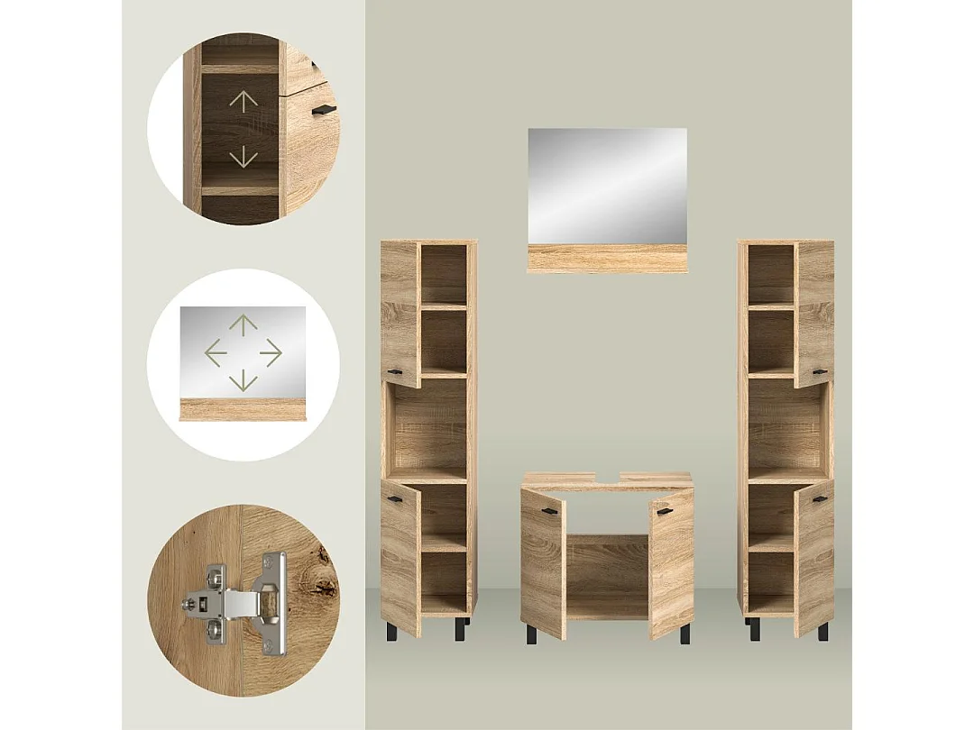 Boston - Ensemble de 4 meubles de salle de bains (L/H/P : 137x186x33 cm) en mélaminé chêne, vasque non incluse