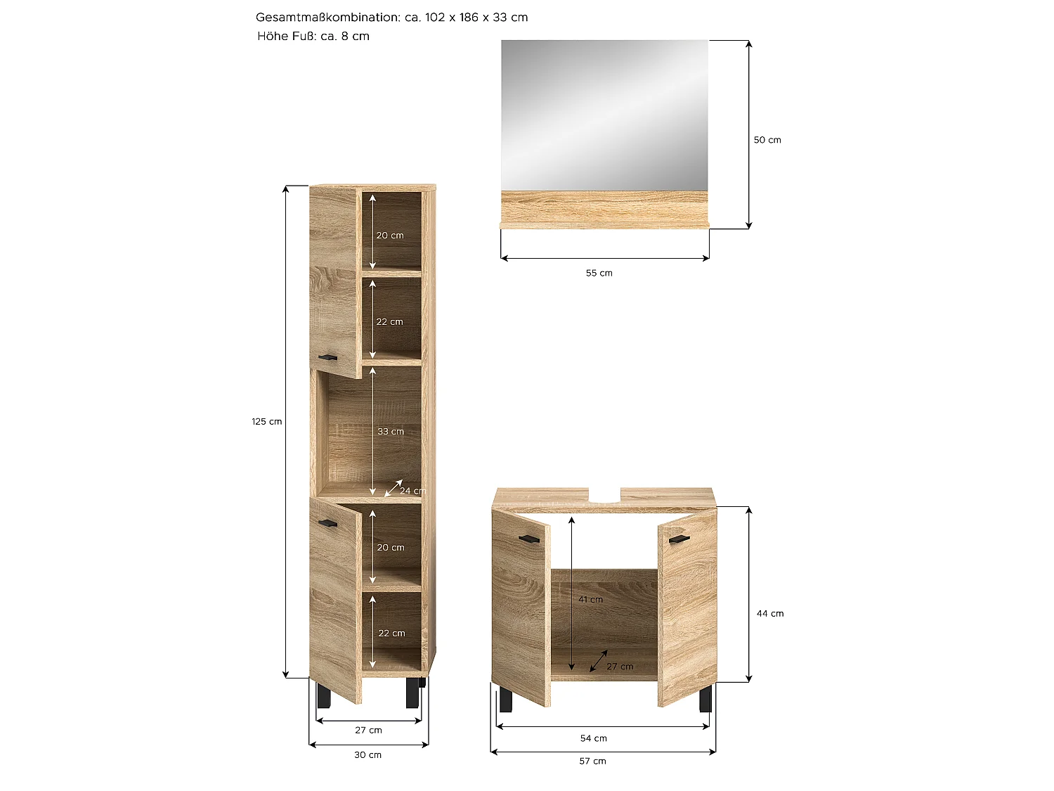 Boston - Ensemble de 3 meubles de salle de bains (L/H/P : 102x186x33 cm) en mélaminé chêne, vasque non incluse