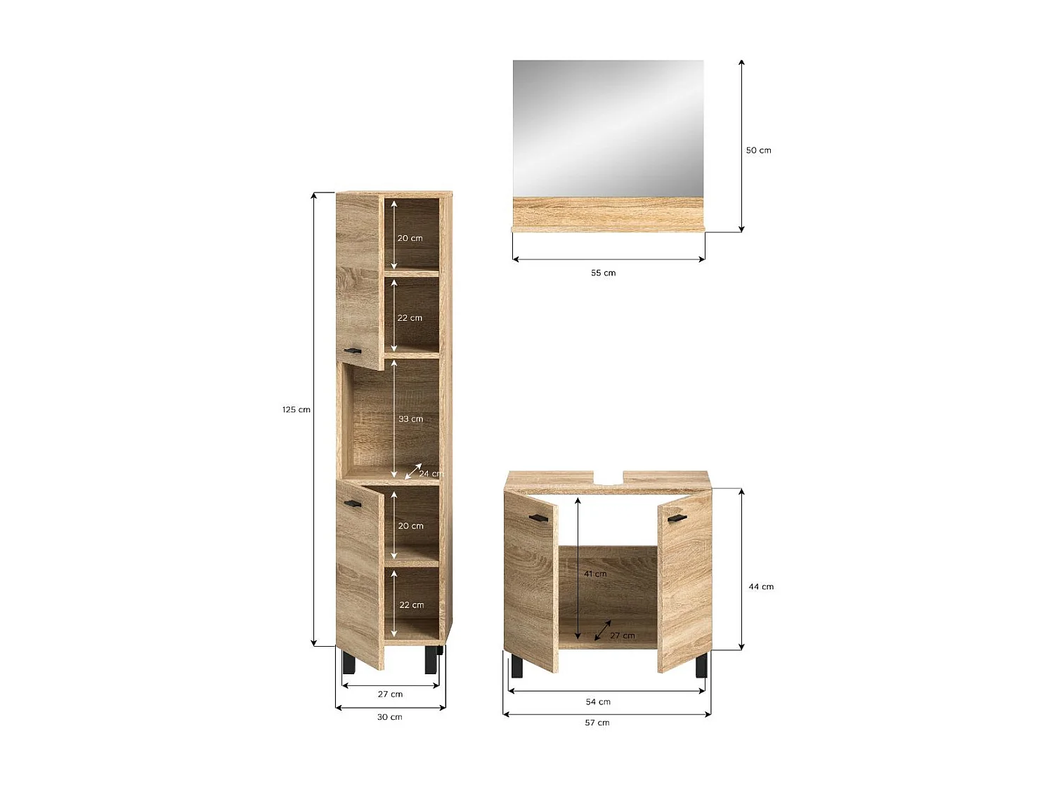 Boston - Ensemble de 3 meubles de salle de bains (L/H/P : 102x186x33 cm) en mélaminé chêne, vasque non incluse