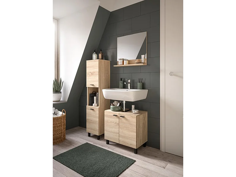 Boston - Ensemble de 3 meubles de salle de bains (L/H/P : 102x186x33 cm) en mélaminé chêne, vasque non incluse