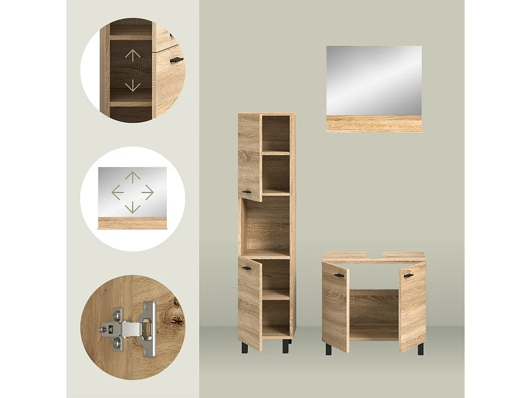 Boston - Ensemble de 3 meubles de salle de bains (L/H/P : 102x186x33 cm) en mélaminé chêne, vasque non incluse