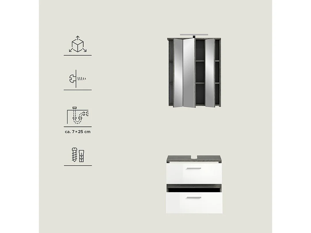 Blake Badmöbelset B10 Inkl. Beleuchtung Weiß hochglanz, grau.