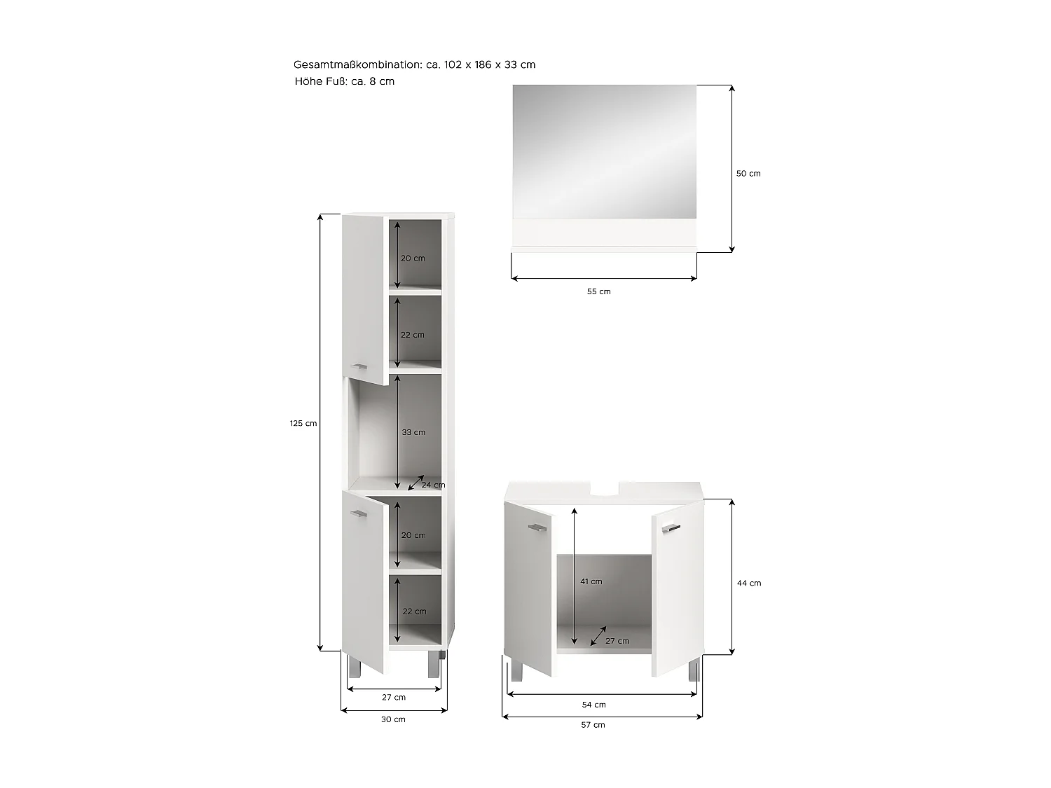Tambo - Ensemble de 3 meubles de salle de bains (L/H/P : 102x186x33 cm) en mélaminé  blanc, vasque non incluse