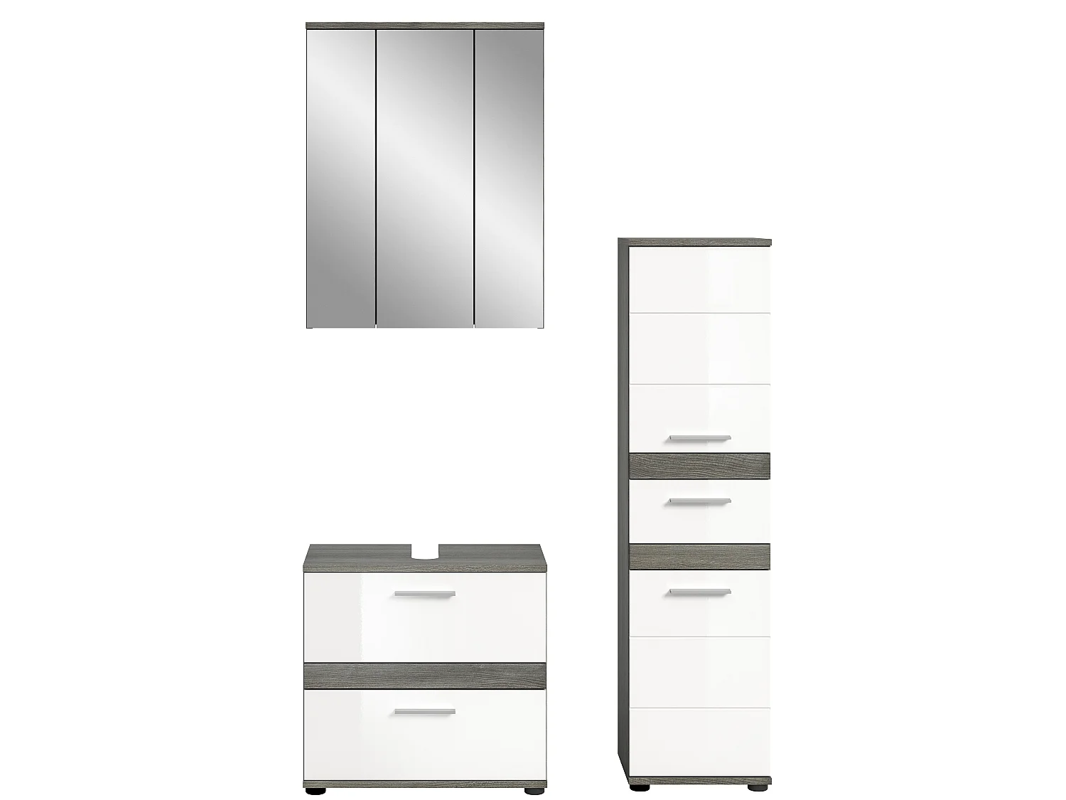 Blake - Ensemble de 3 meubles de salle de bains en mélaminé blanc et argenté, vasque non incluse (L/H/P : 110x191x34 cm)