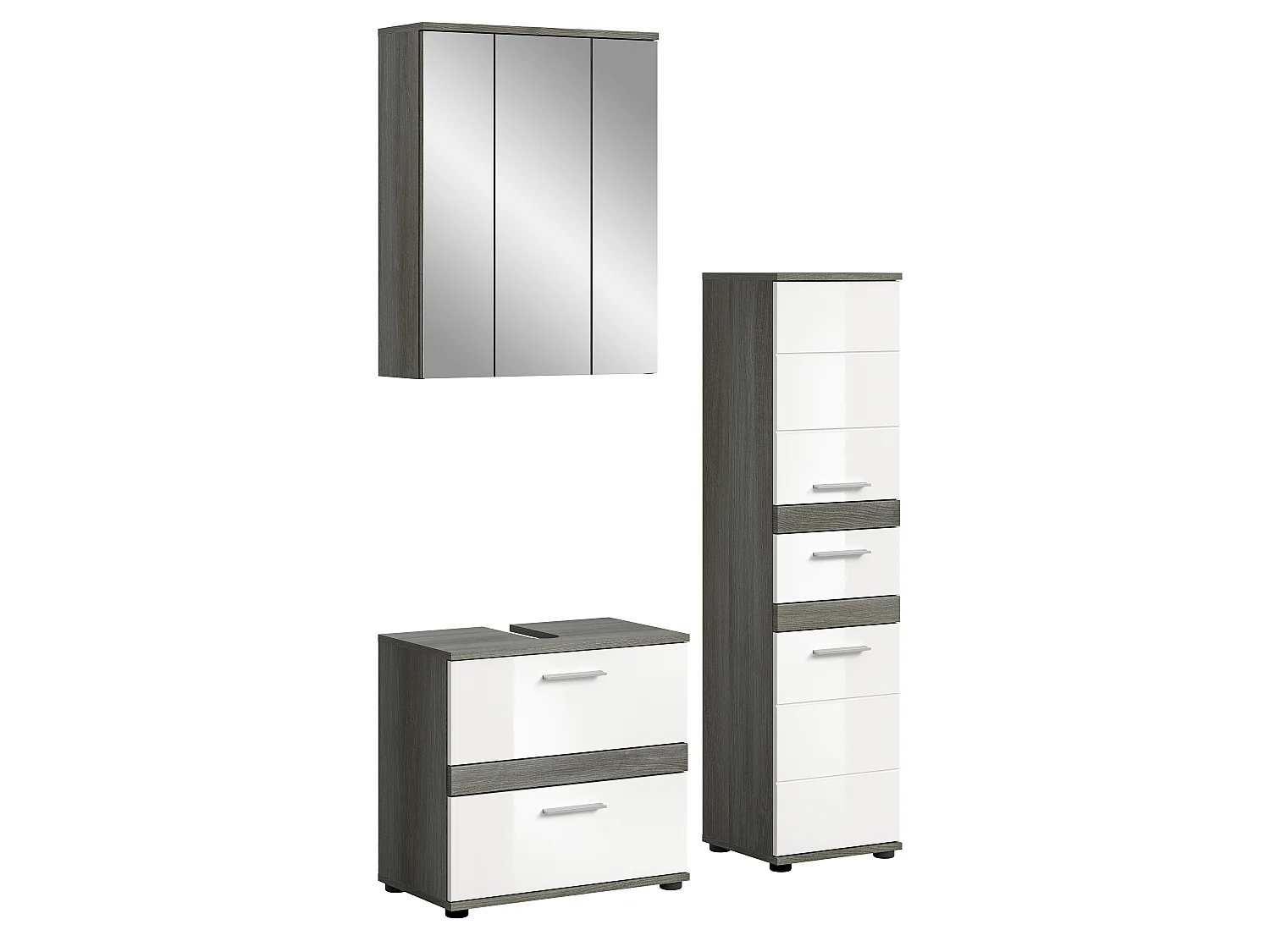 Blake - Ensemble de 3 meubles de salle de bains en mélaminé blanc et argenté, vasque non incluse (L/H/P : 110x191x34 cm)