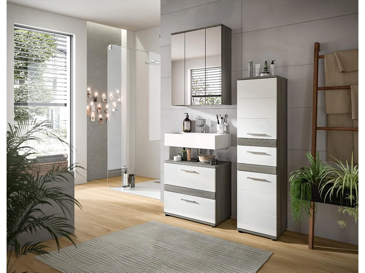 Blake - Ensemble de 3 meubles de salle de bains en mélaminé blanc et argenté, vasque non incluse (L/H/P : 110x191x34 cm)