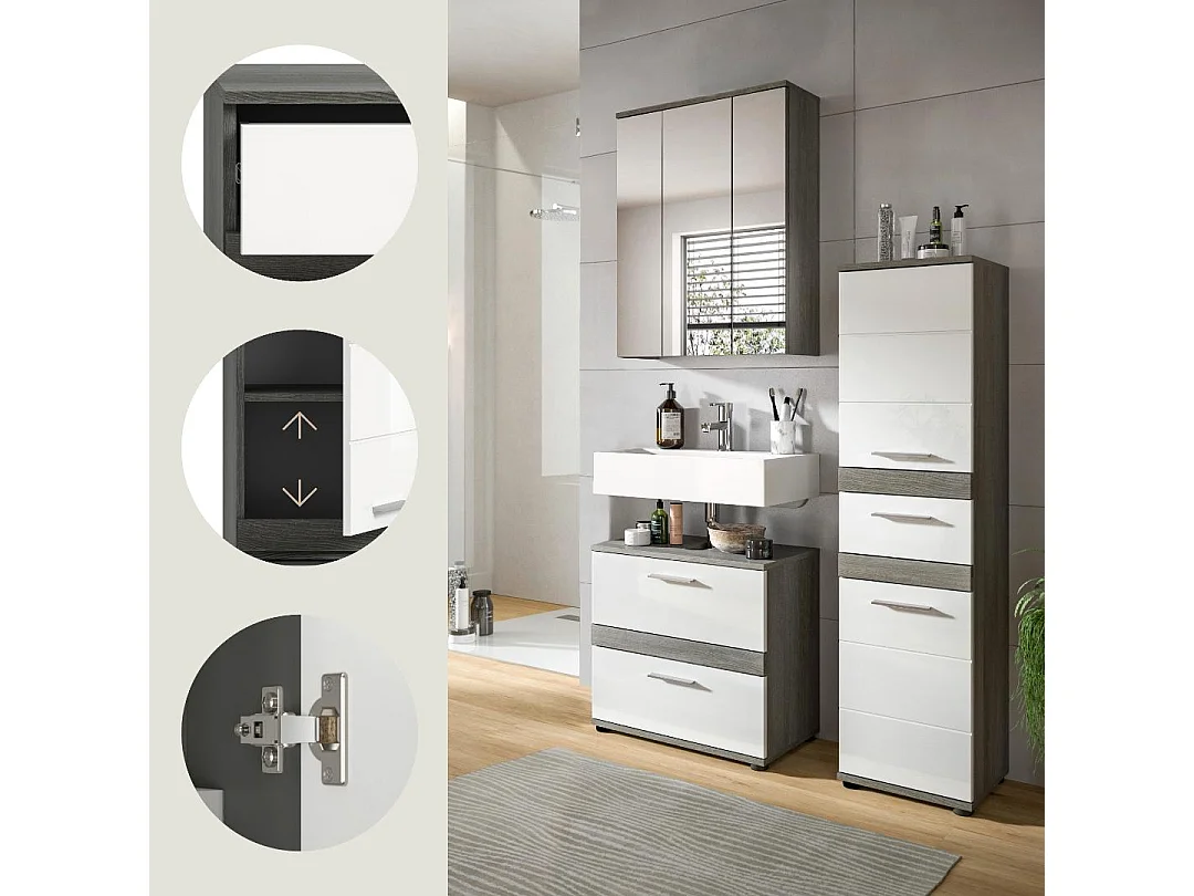 Blake - Ensemble de 3 meubles de salle de bains en mélaminé blanc et argenté, vasque non incluse (L/H/P : 110x191x34 cm)