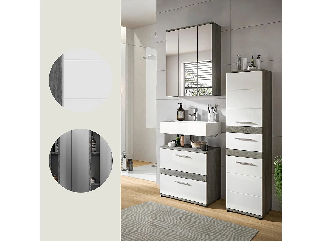 Blake - Ensemble de 3 meubles de salle de bains en mélaminé blanc et argenté, vasque non incluse (L/H/P : 110x191x34 cm)