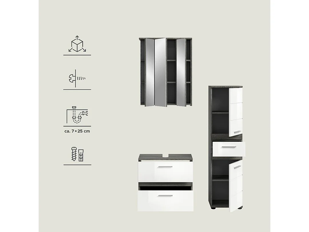 Blake - Ensemble de 3 meubles de salle de bains en mélaminé blanc et argenté, vasque non incluse (L/H/P : 110x191x34 cm)