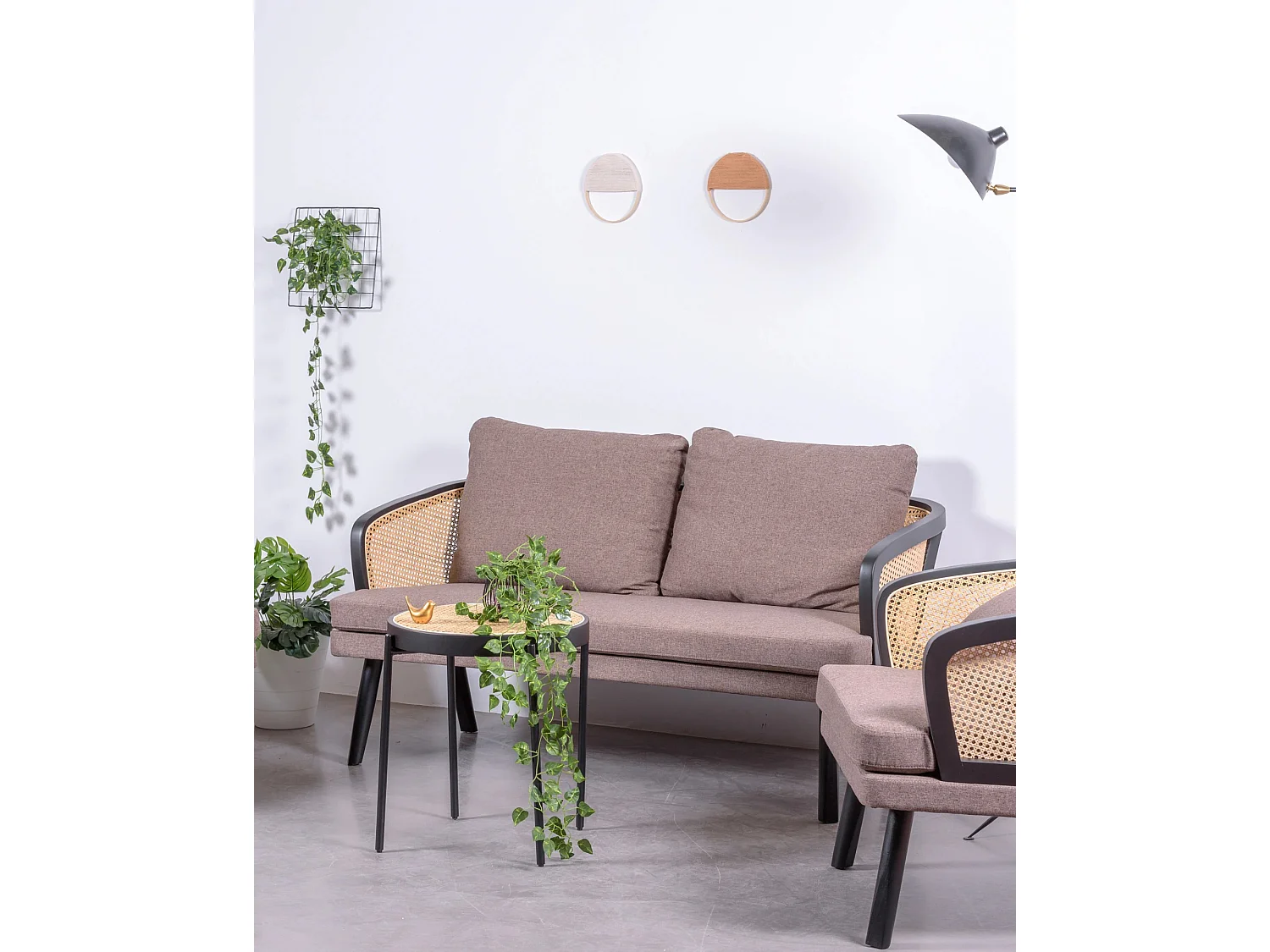 Vintage retro bank in natuurlijk rotan en katoenen kussen - Leeds - Zwart