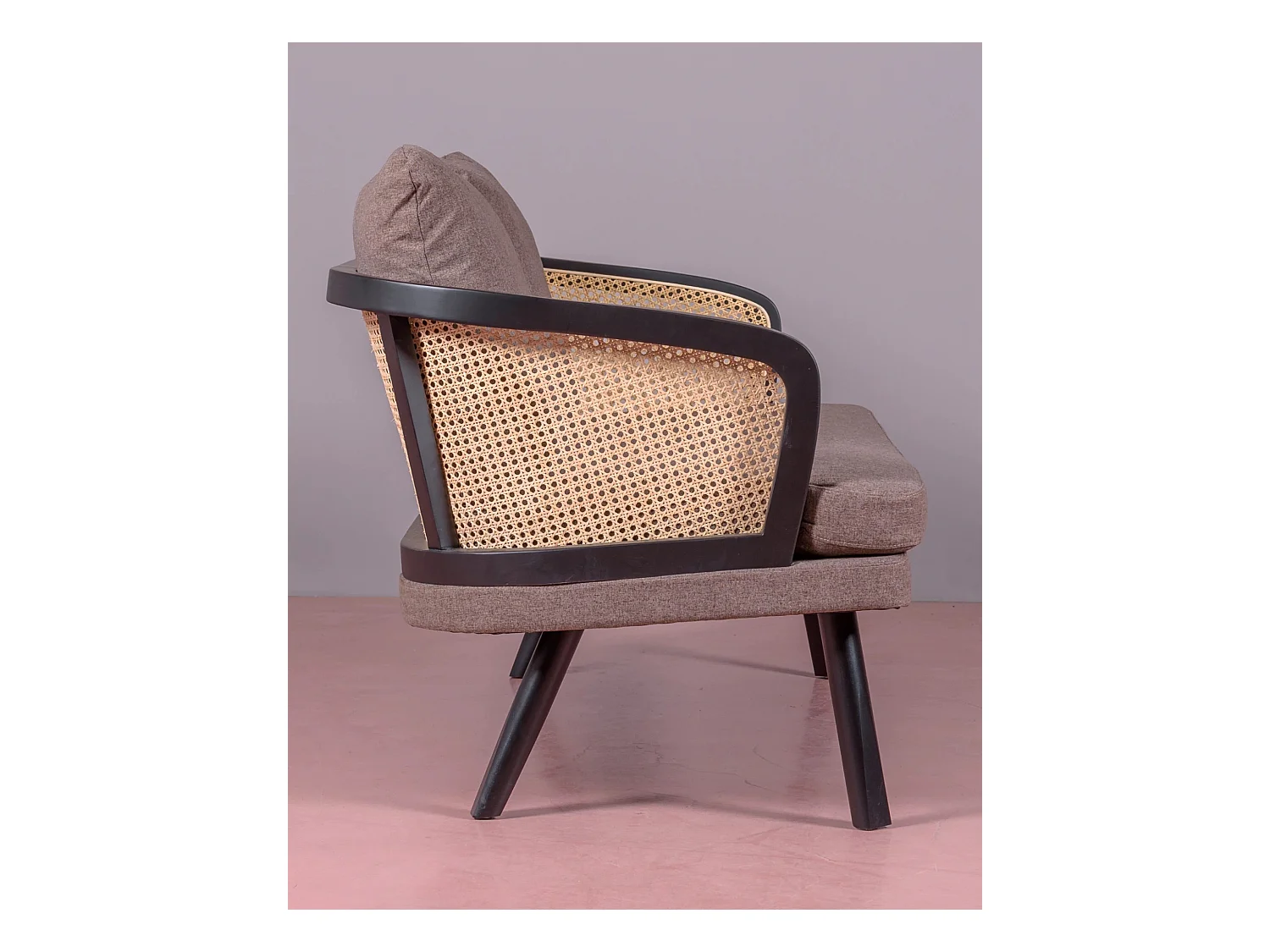 Vintage retro bank in natuurlijk rotan en katoenen kussen - Leeds - Zwart