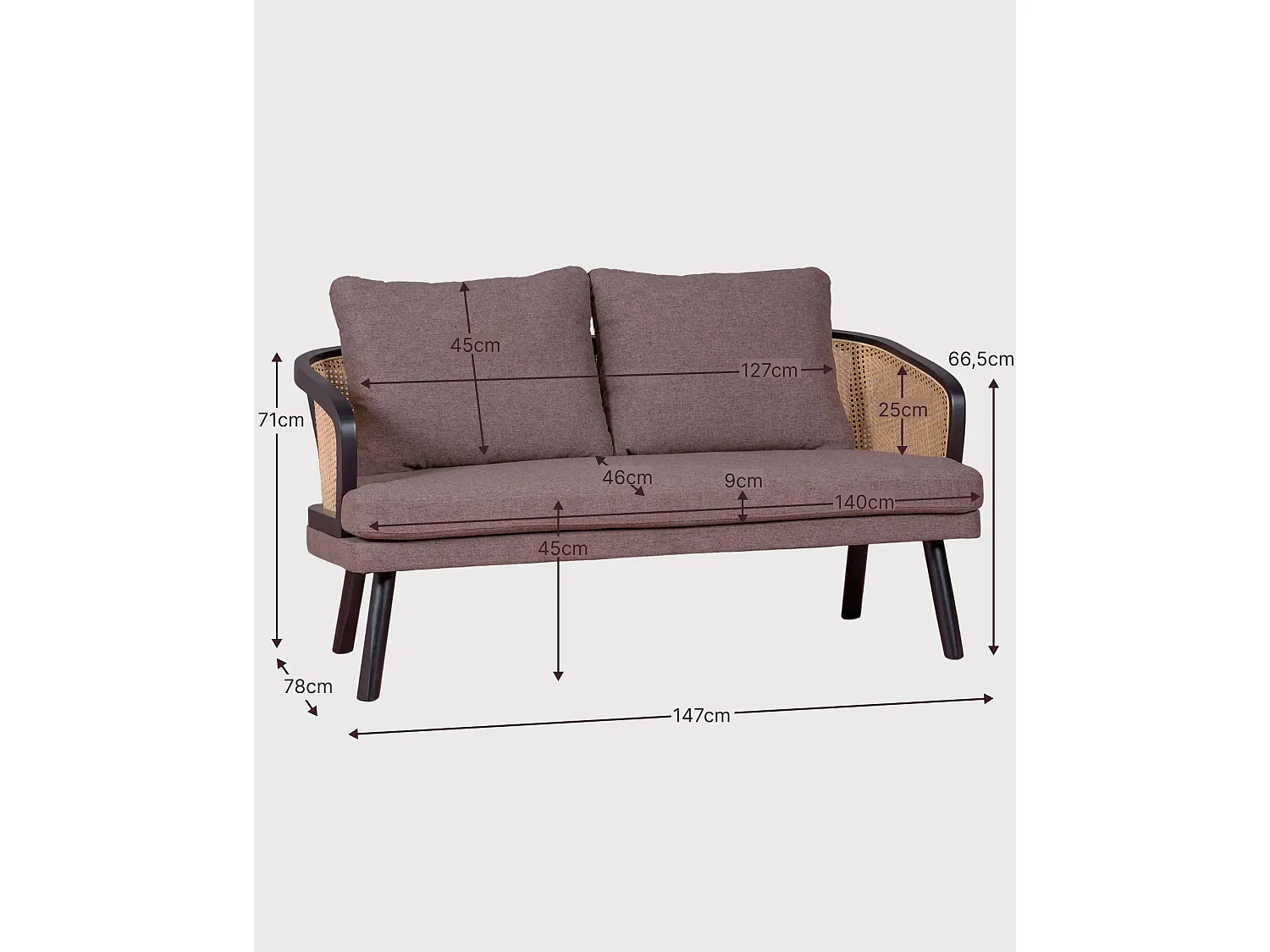 Vintage retro bank in natuurlijk rotan en katoenen kussen - Leeds - Zwart