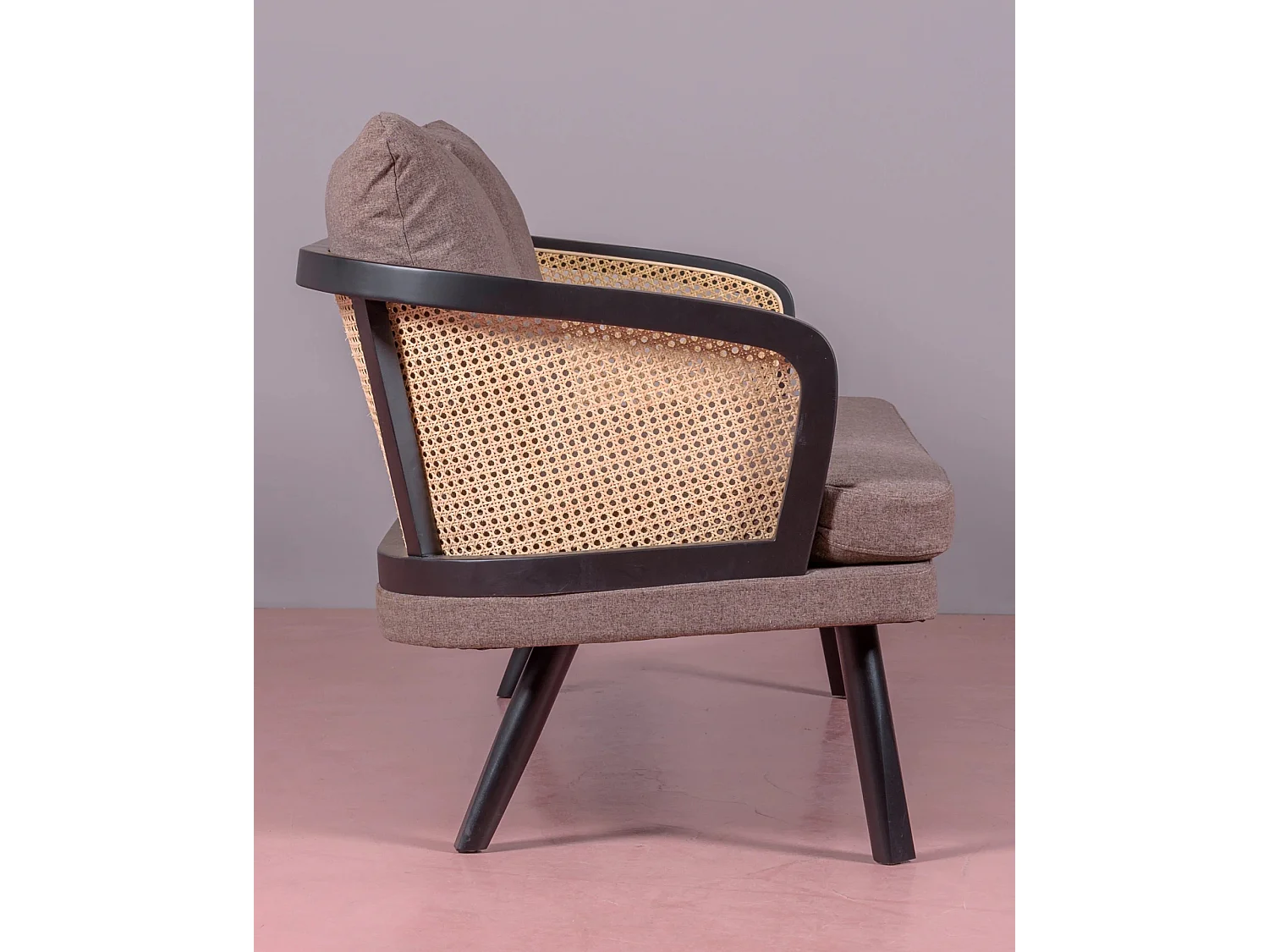 Vintage retro bank in natuurlijk rotan en katoenen kussen - Leeds - Zwart