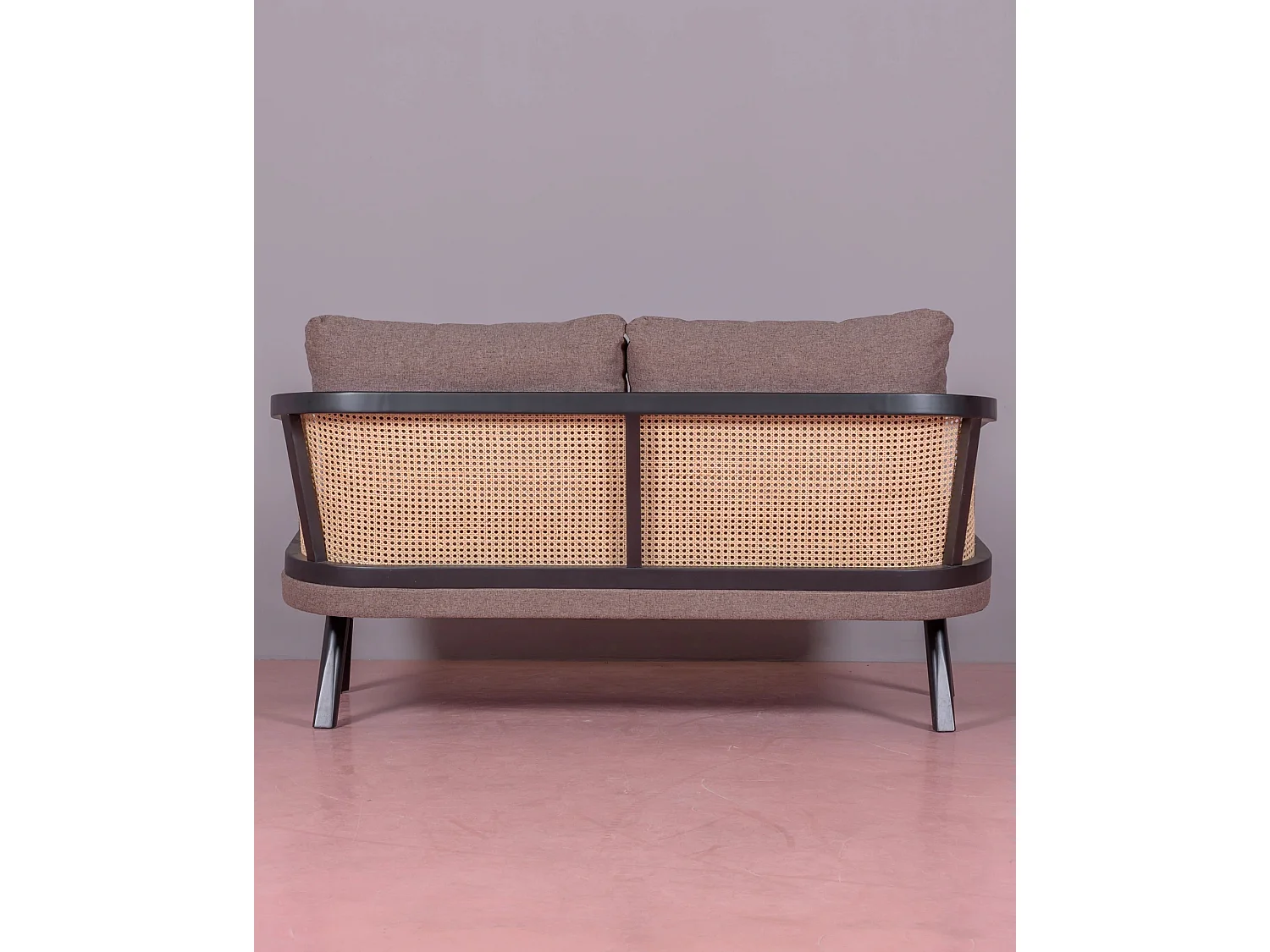 Vintage retro bank in natuurlijk rotan en katoenen kussen - Leeds - Zwart