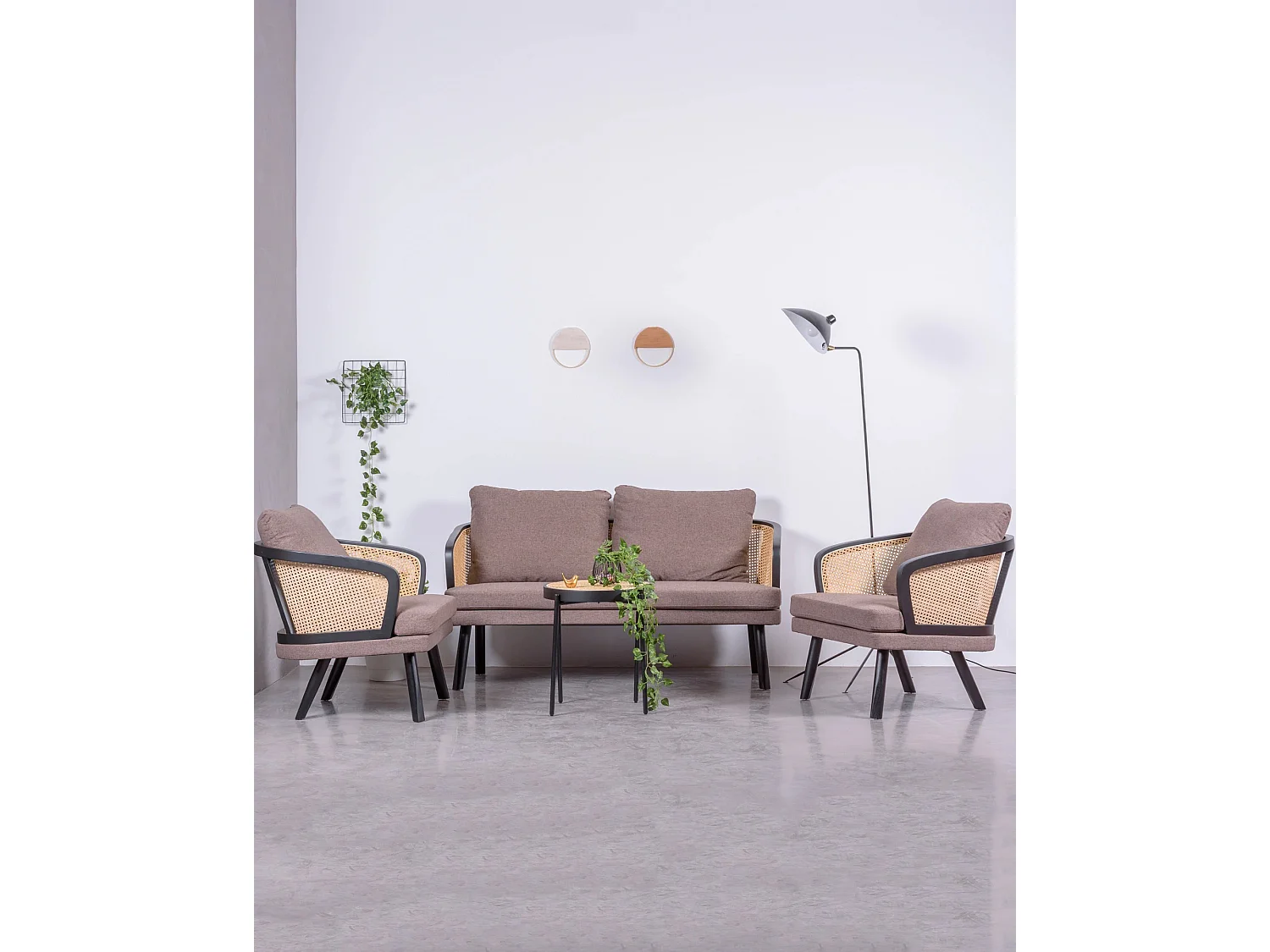 Vintage retro bank in natuurlijk rotan en katoenen kussen - Leeds - Zwart