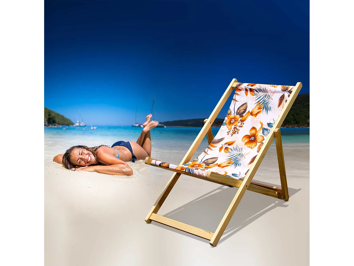 Tamigi - Set de 2 chaises longues en bois massif et textilène