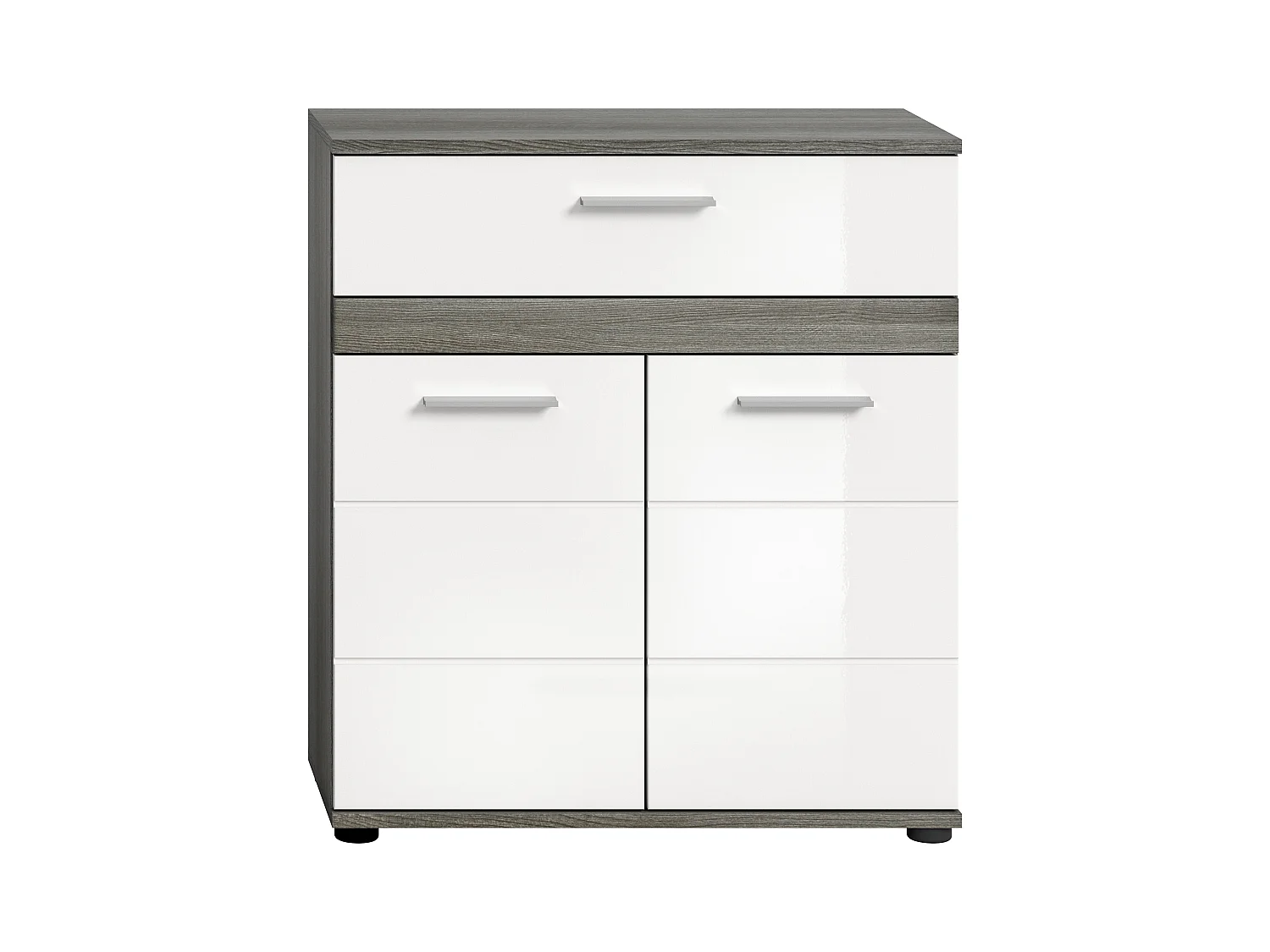 Kaleb - Meuble bas en mélaminé blanc et argenté (L/H/P : 71x79x31 cm)