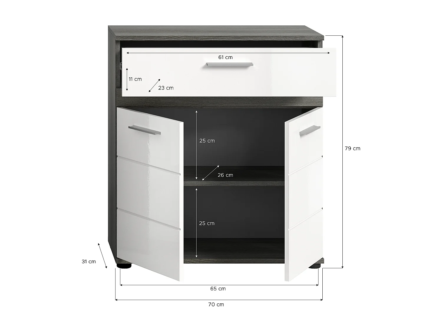 Blake Badschrank 1 Schublade 2 Türen weiß Hochglanz, grau.