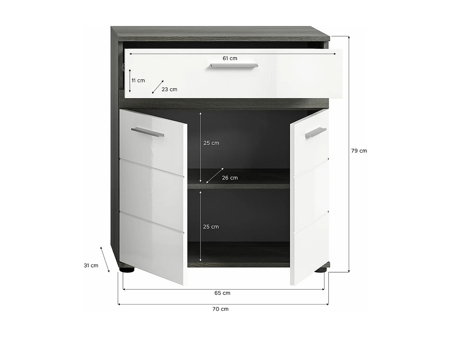 Blake Badschrank 1 Schublade 2 Türen weiß Hochglanz, grau.