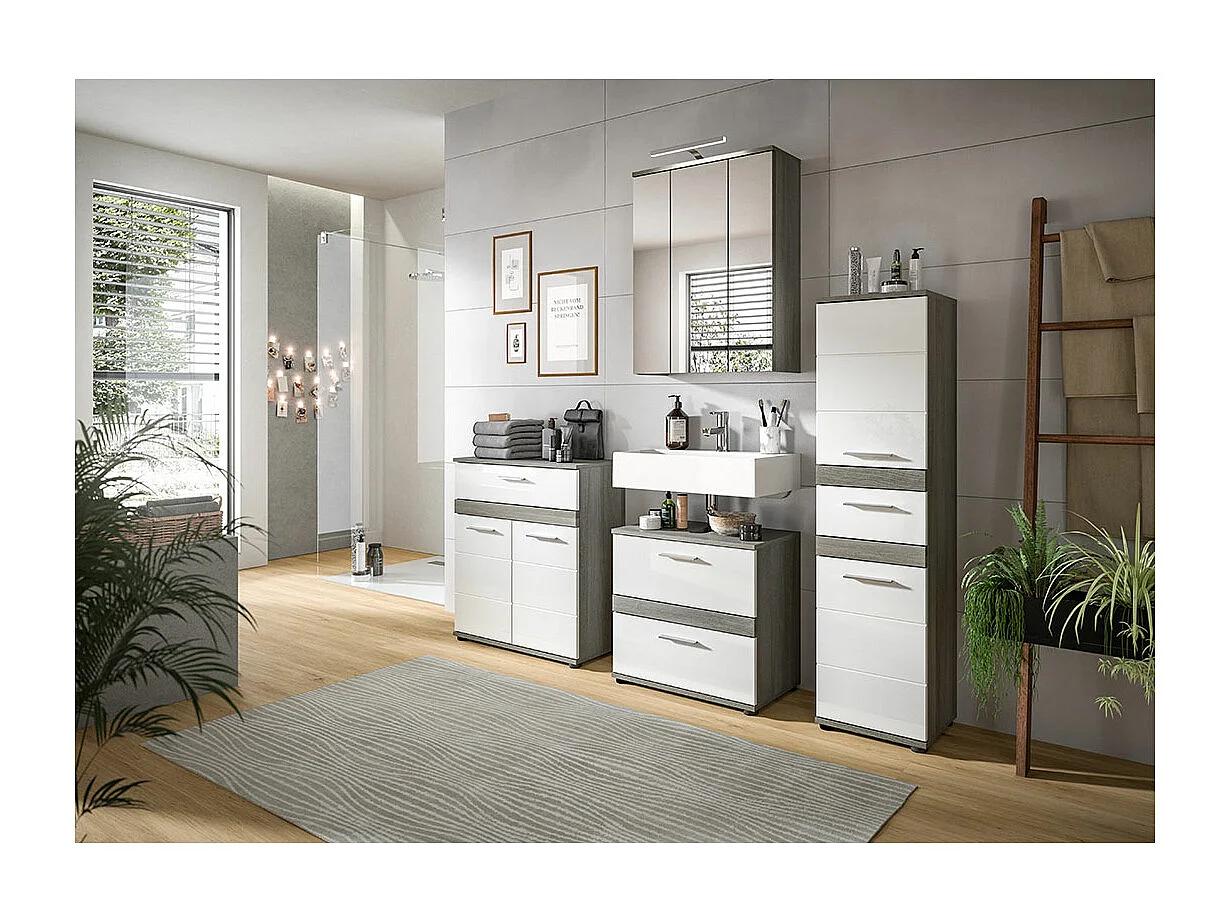 Blake Badschrank 1 Schublade 2 Türen weiß Hochglanz, grau.