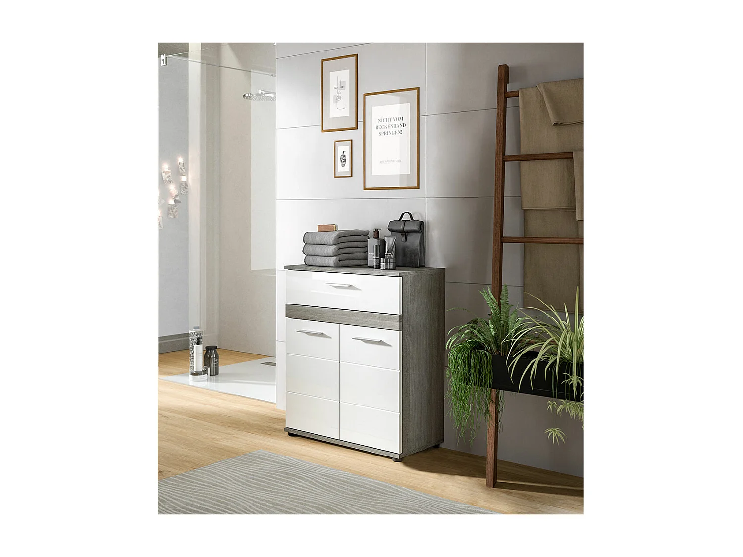 Blake Badschrank 1 Schublade 2 Türen weiß Hochglanz, grau.