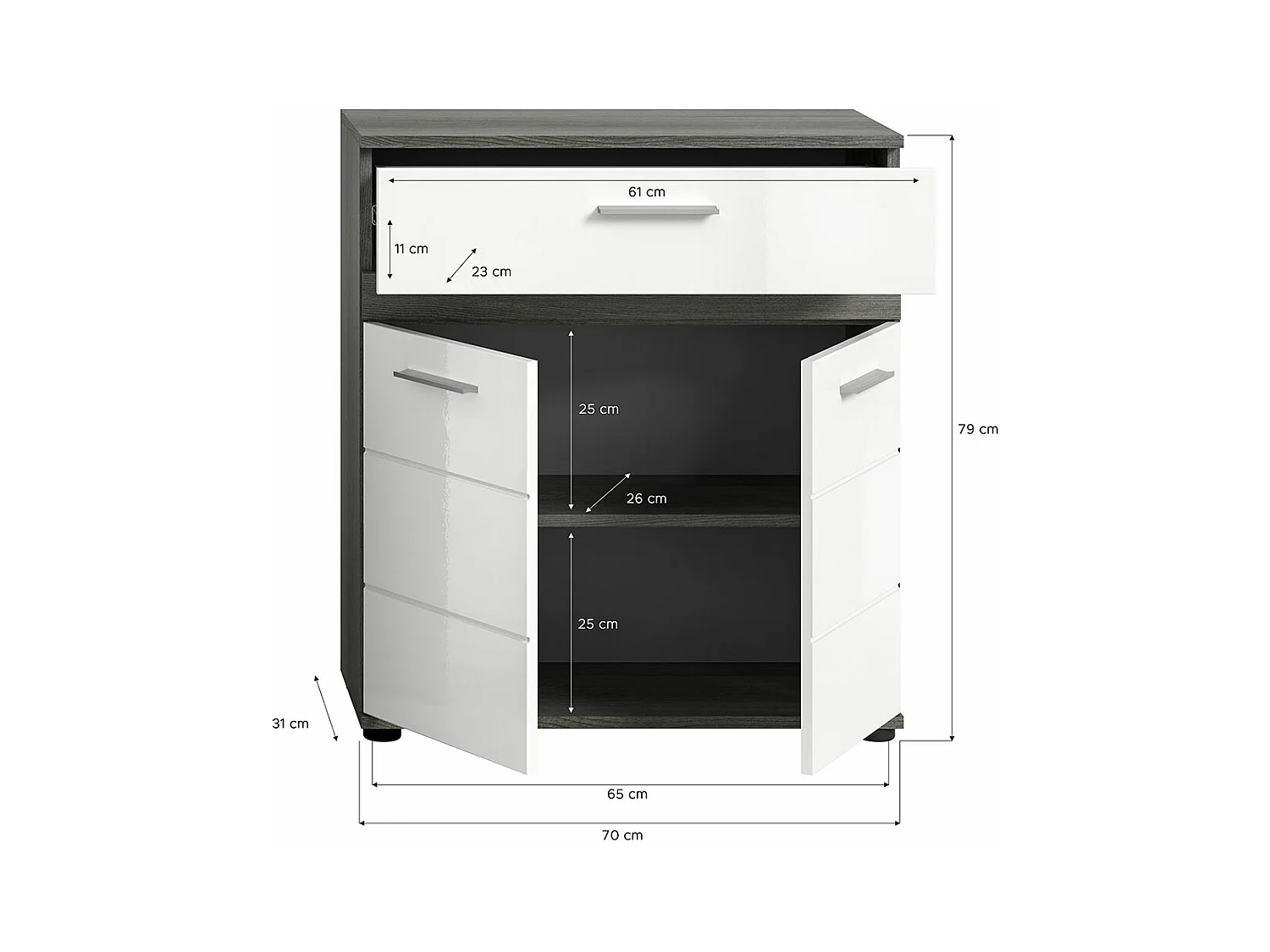 Mobiletto da bagno Blake con 1 cassetto e 2 ante, bianco lucido, grigio.