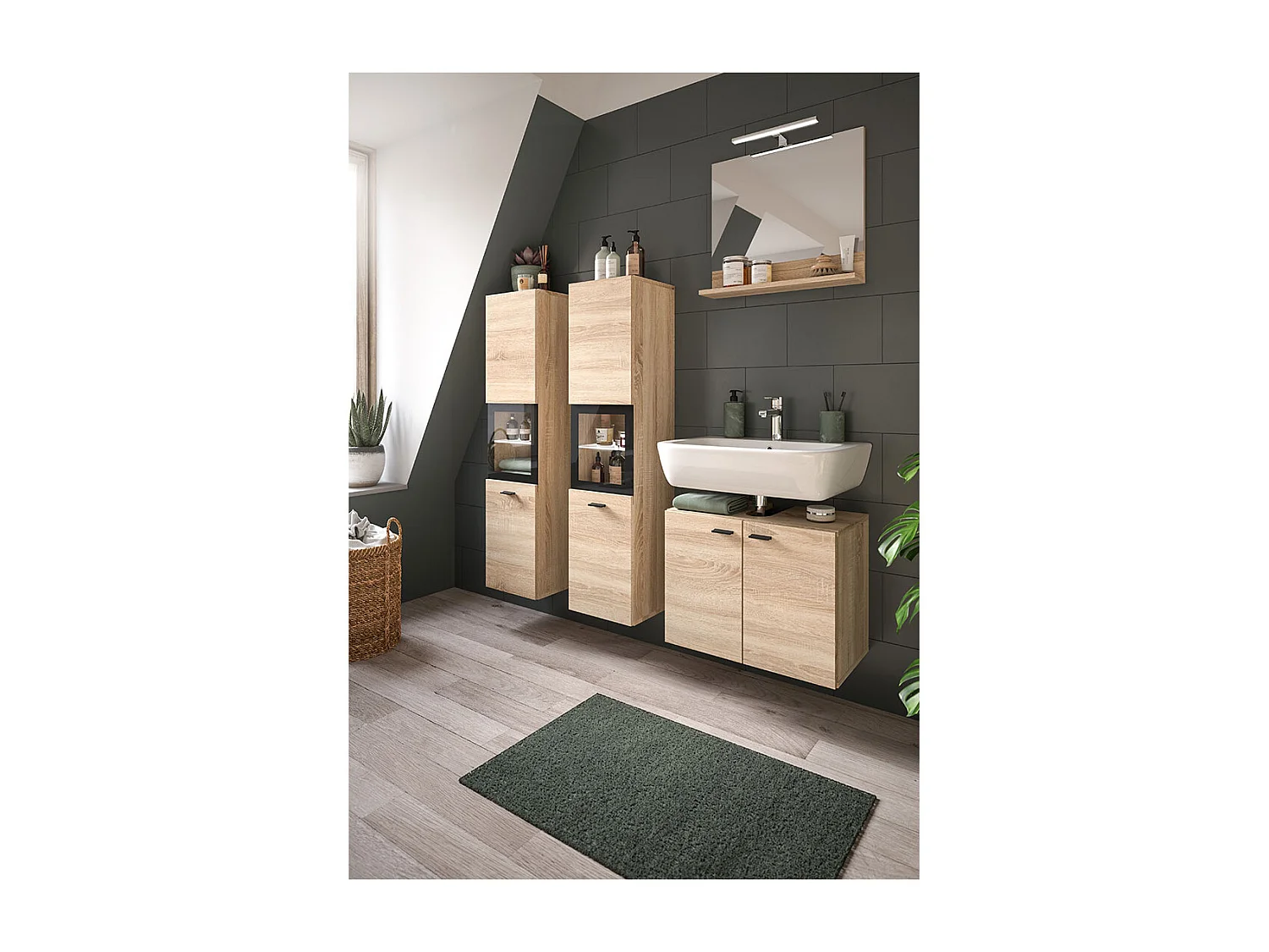 Boston - Colonne basse (L/H/P : 30x125x29 cm) en mélaminé chêne et verre avec cadre noir