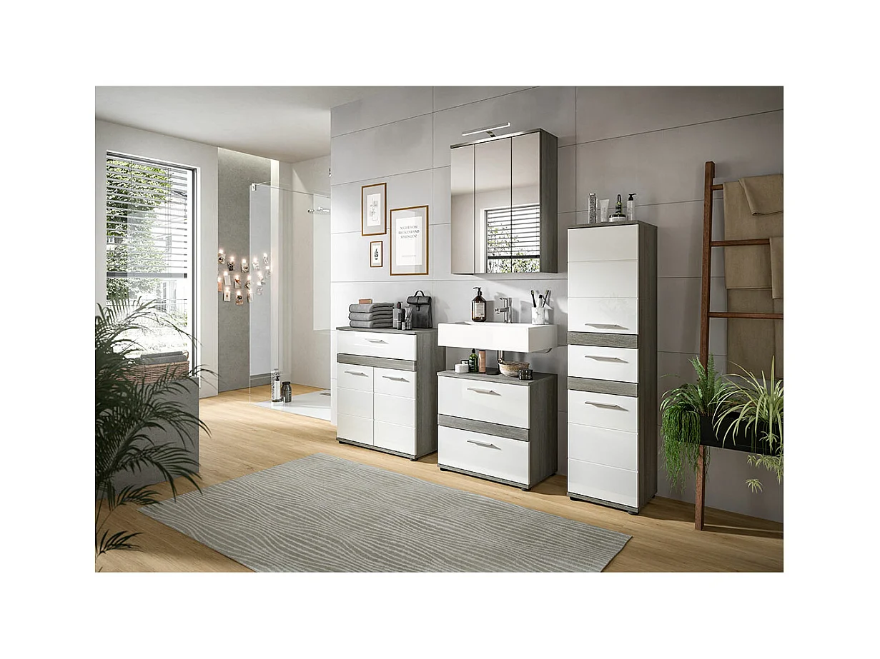 Blake Hochschrank Bad 1 Schublade 2 Türen weiß Hochglanz, grau.