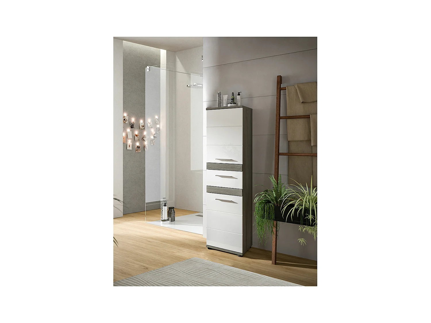 Blake Hochschrank Bad 1 Schublade 2 Türen weiß Hochglanz, grau.