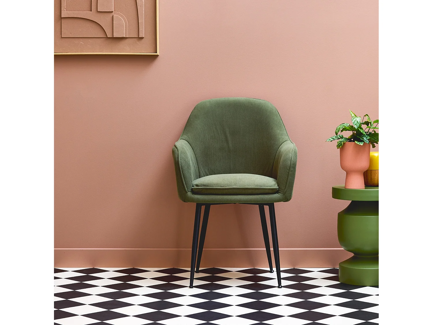 Sillón de pana con patas de metal negro mate kaki oscuro