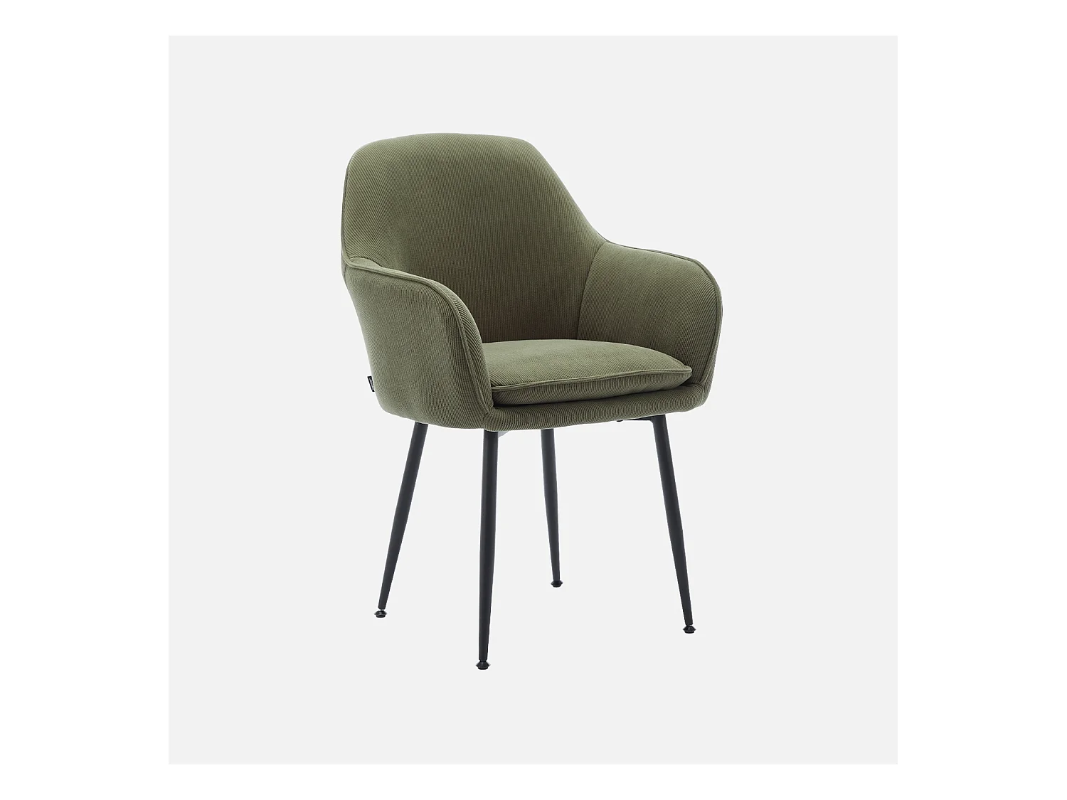 Fauteuil en velours côtelé kaki et pieds en métal noir mat. L 57 x P 59 x H 84.5