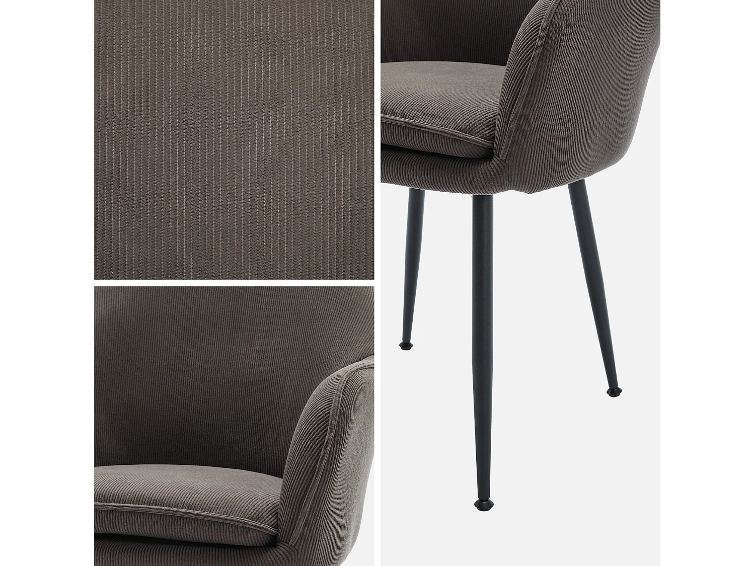 Fauteuil en velours côtelé gris foncé et pieds en métal noir mat. L 57 x P 59 x H 84.5