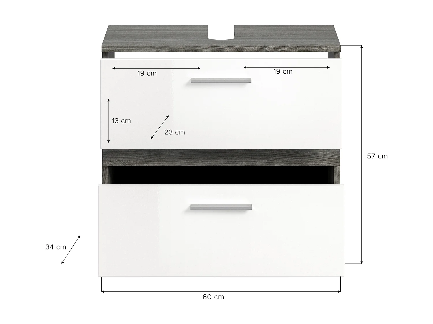 Kaleb - Meuble sous-lavabo en mélaminé blanc et argenté  (L/H/P : 60x57x34 cm)